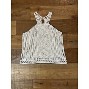 Ultra Pink Cream Crochet Halter Tank Top Boho Festival Lace Knit Sz L